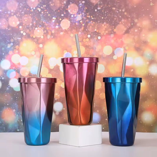 Colorful Stainless Steel Prismatic Gradient Tumblers With Straws