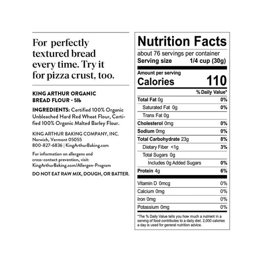 Unbleached King Arthur Organic Bread Flour 5 Pound Nutrition Facts Ingredients