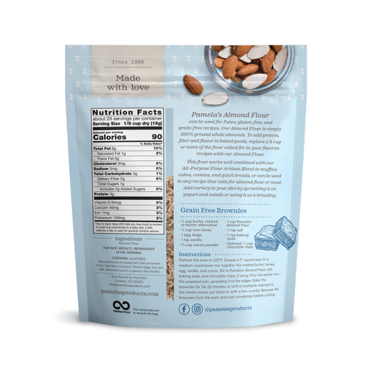Non-GMO Pamela's Almond Flour Single Ingredient Nutrition Facts Grain Free Brownies Recipe