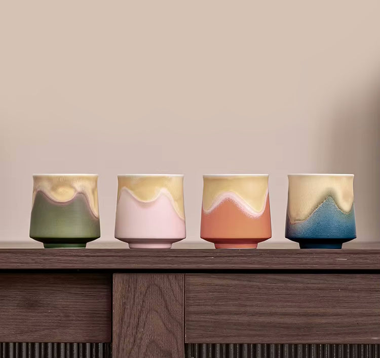4 Matching Tea Cups With Different Colors Ceramic Handleless Mugs Oriental Drinkware