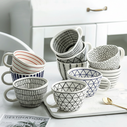 Artistic Style Patterned Purposefully Irregular Shaped Ceramic Mugs On Kitchen Table