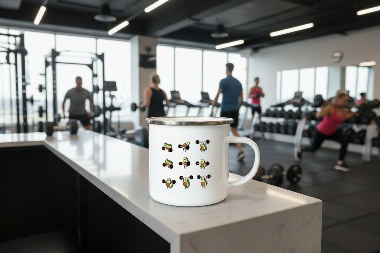 Avogains Stainless Steel Mug On Gym Counter People Exercising Healthy Avocado Doing Workout Cup