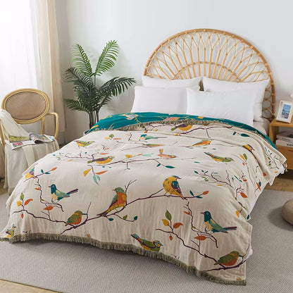 Bedroom With Beautiful Bird Pattern Blanket Reversible Bedding