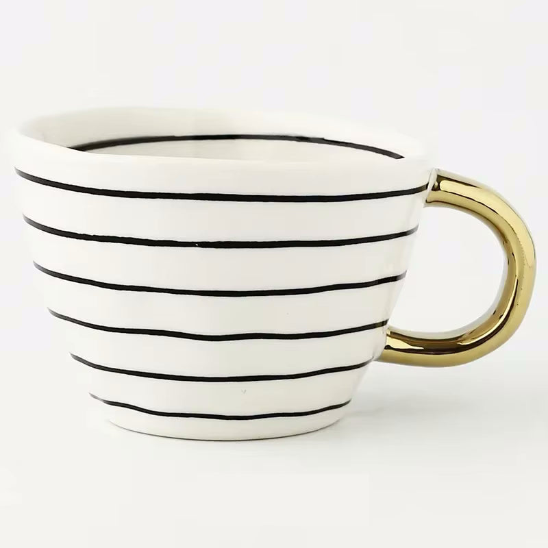 Blackband Artistic Style Patterned Irregular Shaped Ceramic Mug With Gold Handle