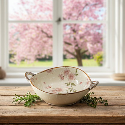 Springtime Blooming Pink Cherry Blossoms Irregular Shape Farmhouse Bowl With Handles Ceramic Pottery Modern Farmhouse Decor