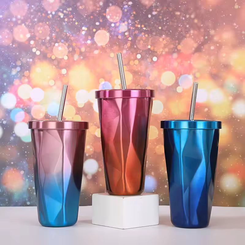 Colorful Stainless Steel Prismatic Gradient Tumblers With Straws