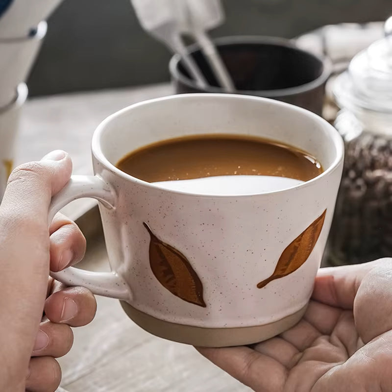 Cup Of Coffee Organic Craft Style Ceramic Drinkware Brown Leaf Autumn Mug For Fall