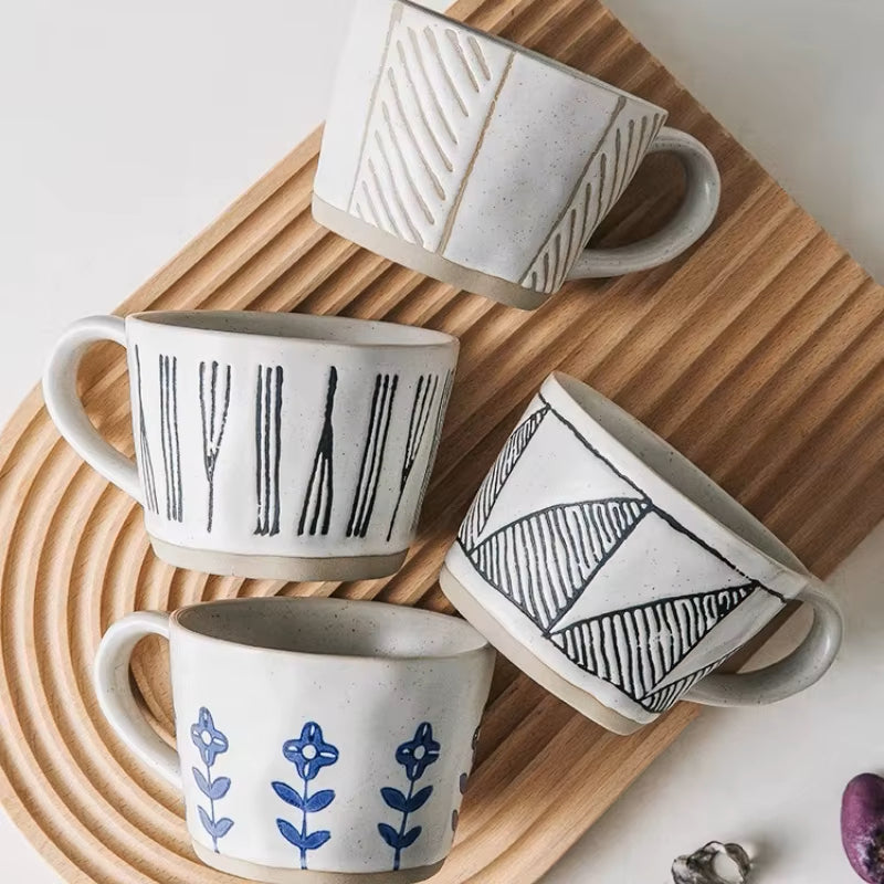 Four Craft Style Ceramic Mugs With Unique Arts And Crafts Patterns
