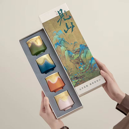 Holding Four Colorful Ceramic Cups In A Decorative Gift Box Oriental Tea Set Traditional Earthy Styles