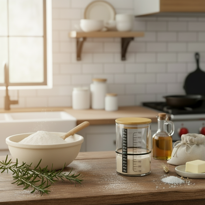 Modern Farmhouse Kitchen Sourdough Bread Making With Fresh Herbs Oil Wheat Flour And Canister Glass Jar For Sourdough Fermenting
