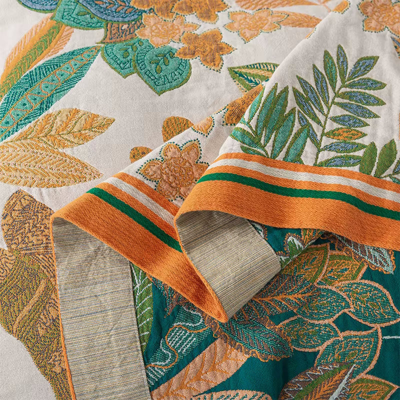 Quality Cotton Blanket Colorful Botanical Emerald Eden Quilt Close Up