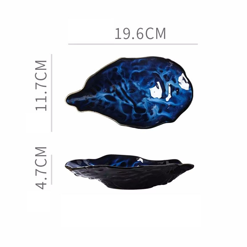 Small Deep Sea Blue Oyster Shaped Ceramic Dish Seashore Serveware