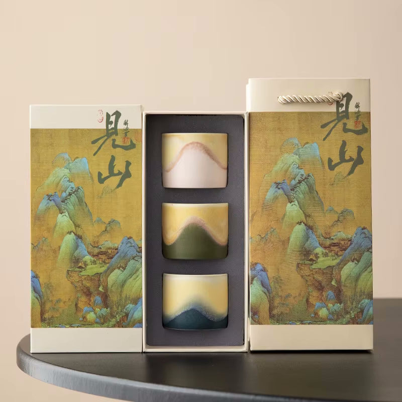 Style B Serene Garden 3 Ceramic Tea Cup Gift Set Oriental Traditional Earthy Drinkware