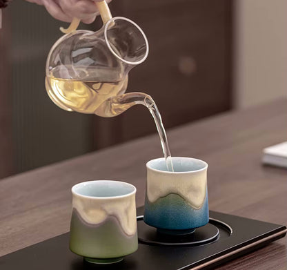 Traditional Oriental Tea Time With Earthy Ceramic Tea Cups In Multi Colors