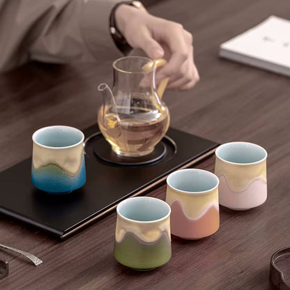 Traditional Oriental Tea Time With Earthy Ceramic Tea Cups Set Colorful Drinkware
