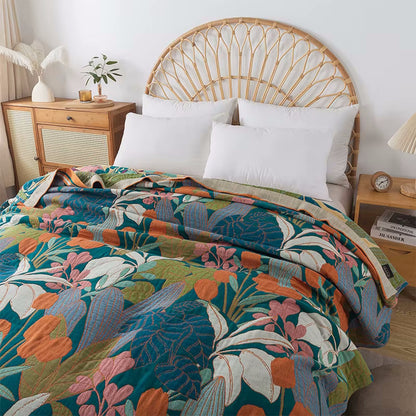 Tropical Twilight Reversible Blanket Cotton Coverlet Quilt With Plants And Flowers