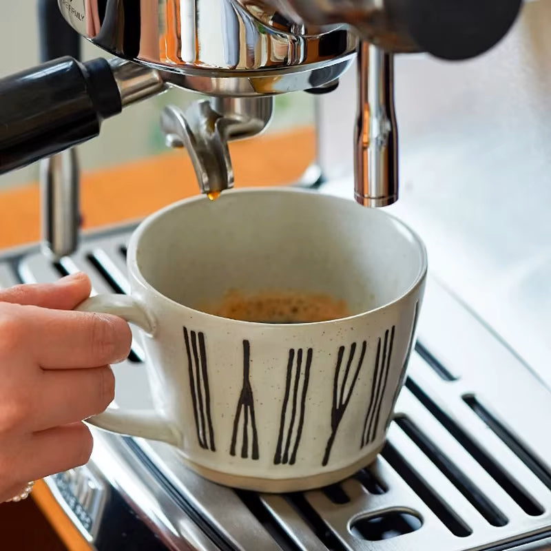 Barista Making Espresso In Twine Craft Style Ceramic Coffee Mug With Espresso Machine On Coffee Bar