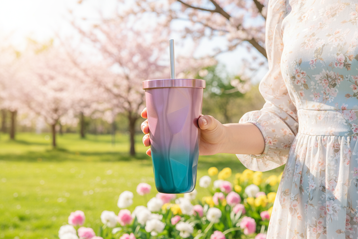 Woman In Spring Style Dress With Tumbler Cup In Springtime Colors Stainless Steel Drinkware With  Reusable Straw